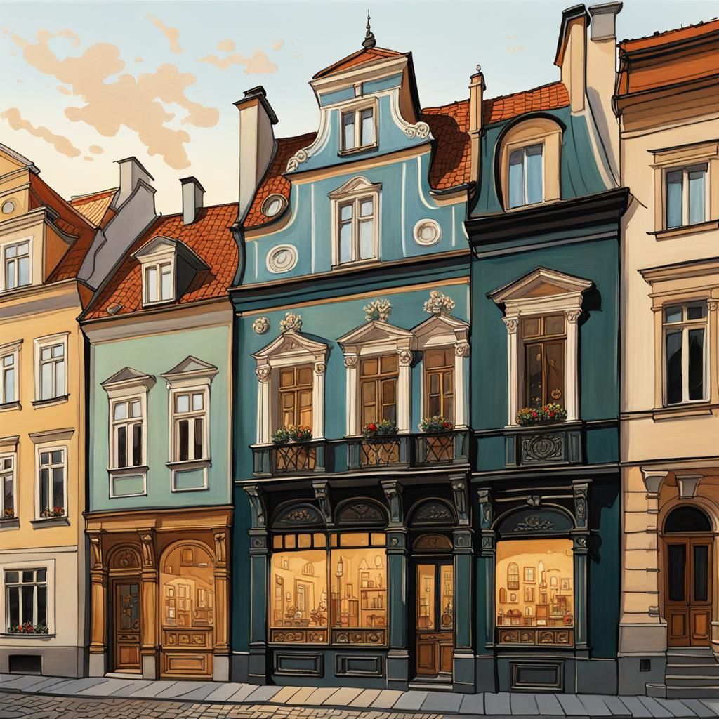 Renaissance Shop Facade in Warsaw as Gouache Painting