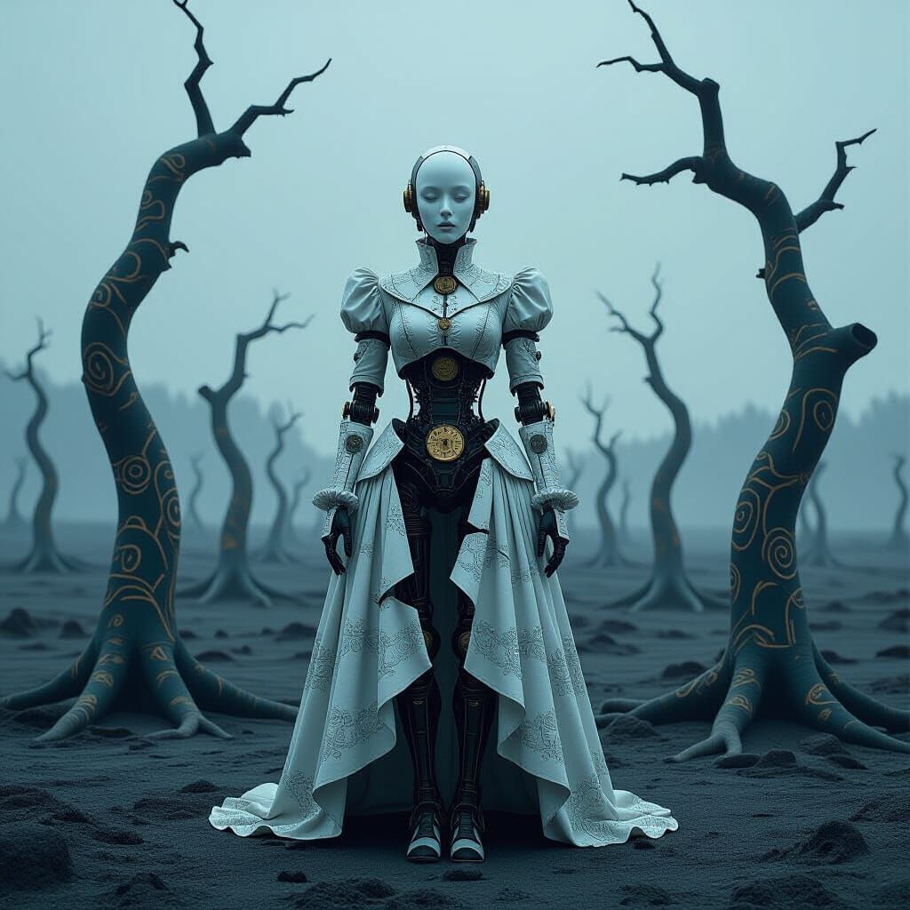 Cracked Porcelain Android in Biomechanical Landscape