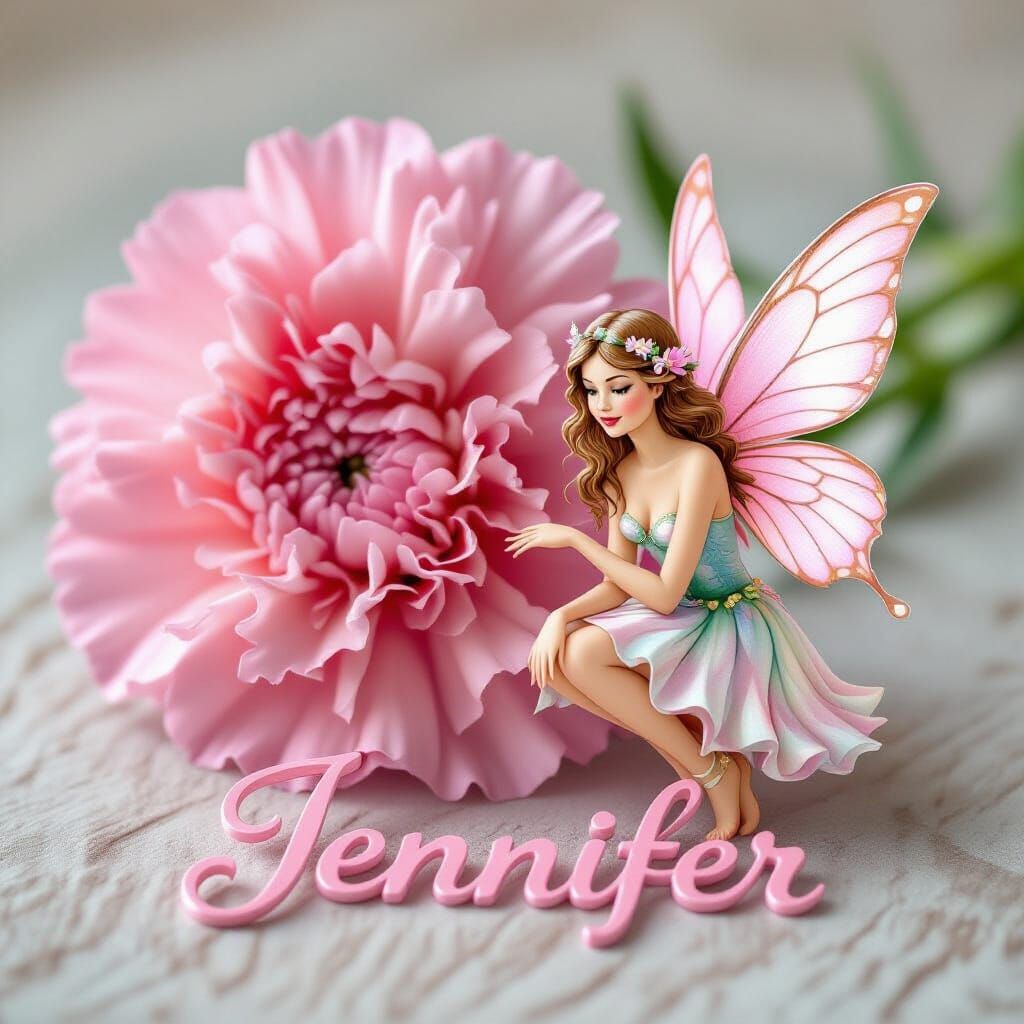 Fairy Beside Pink Carnation Name 'Jennifer'