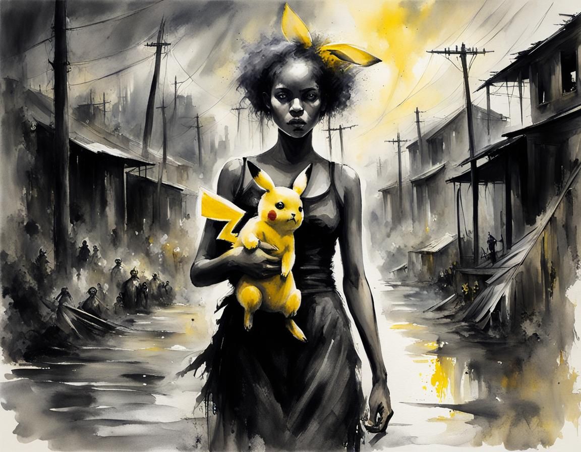 Voodoo Girl with Pikachu Watercolor Illustration