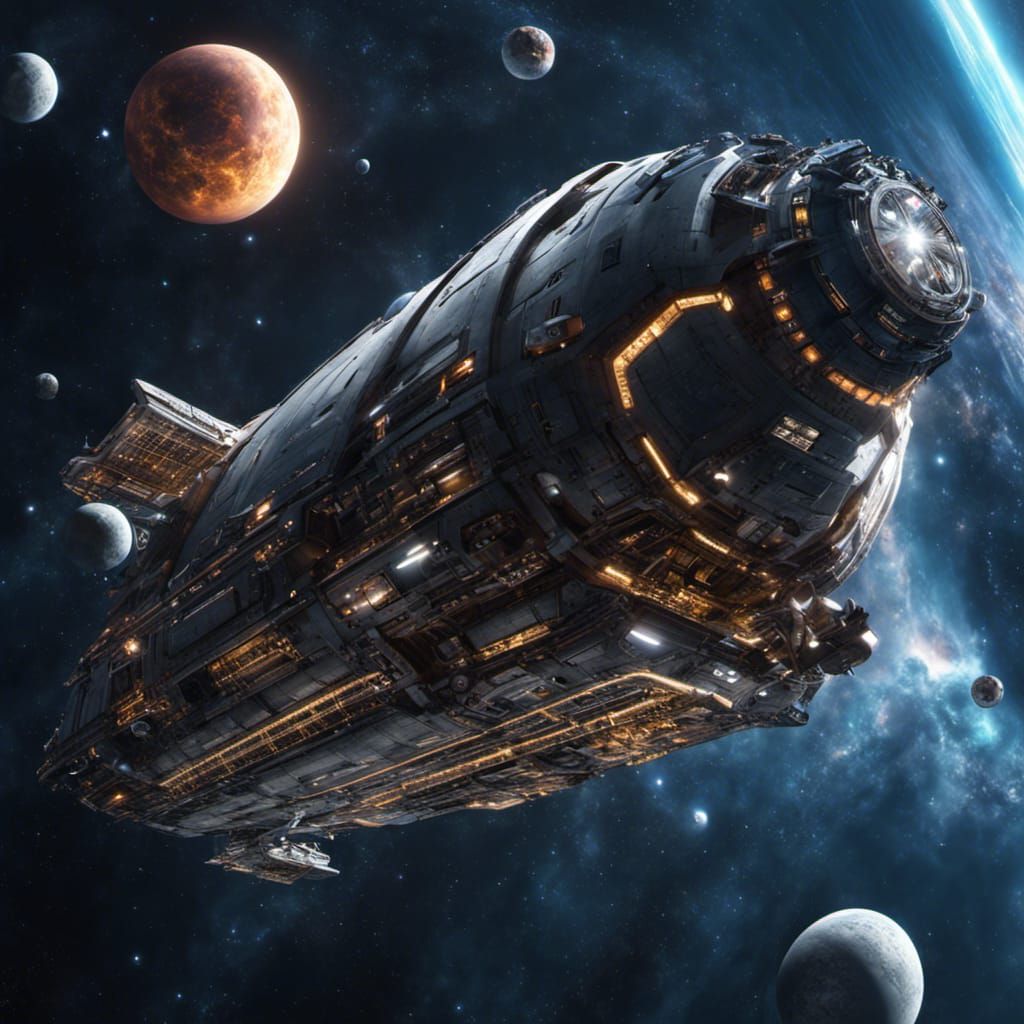 High Tech Spaceship Among Stars and Nebulae