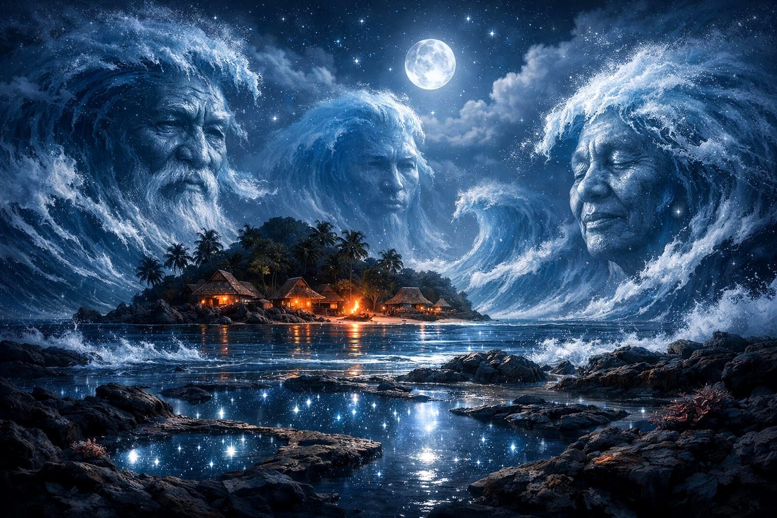 Mystical Island Scene with Ancestral Ocean Waves