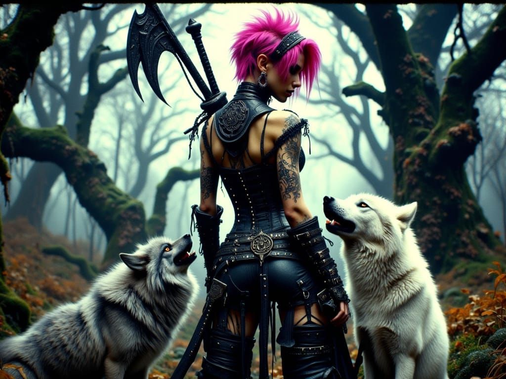 Gothic Warrior in Neon Pink Hair and Tribal Tattoos