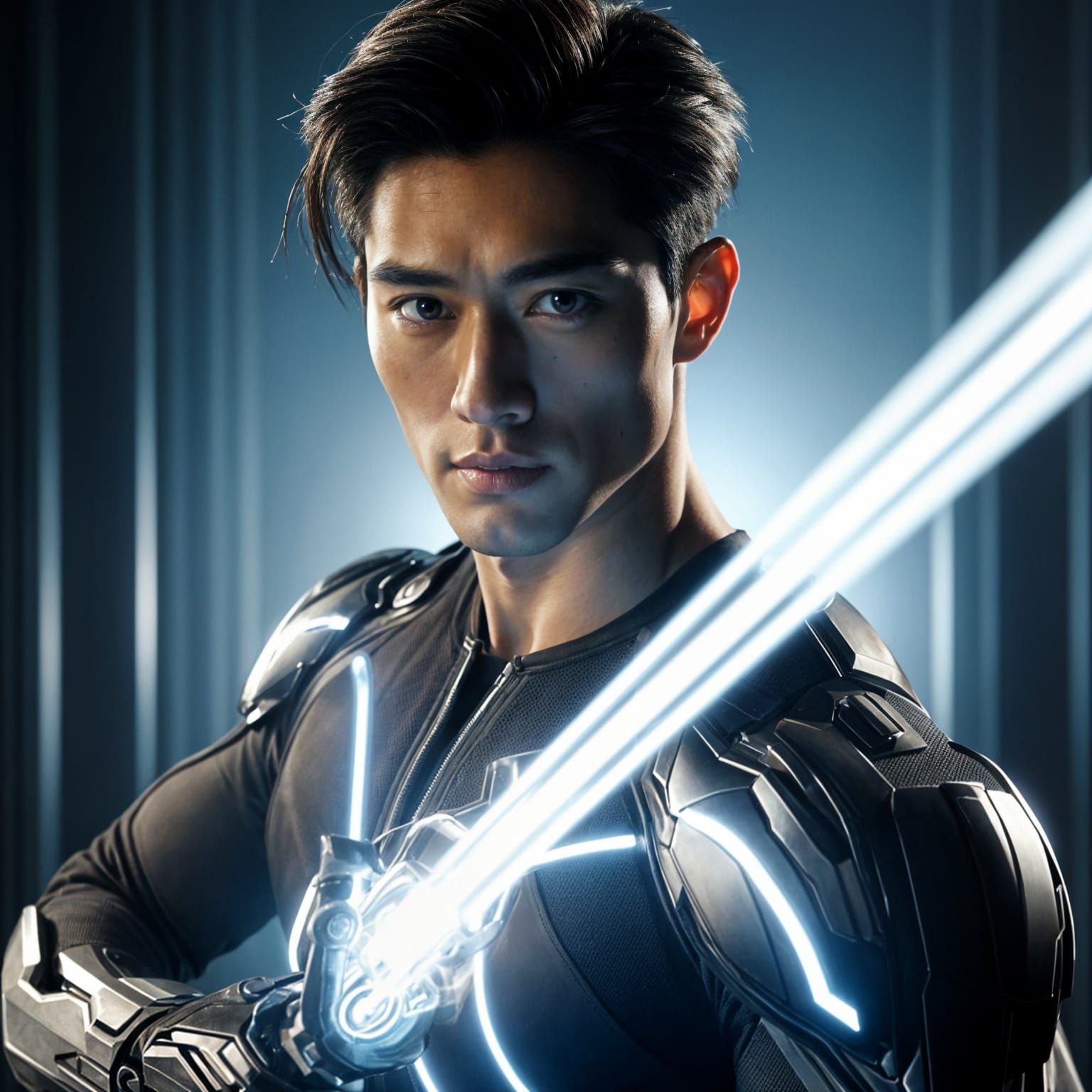 Asian Man with Energy Sword in Futuristic Setting