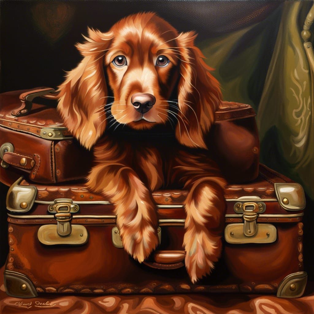Irish Setter Puppy Emerges from Antique Suitcase