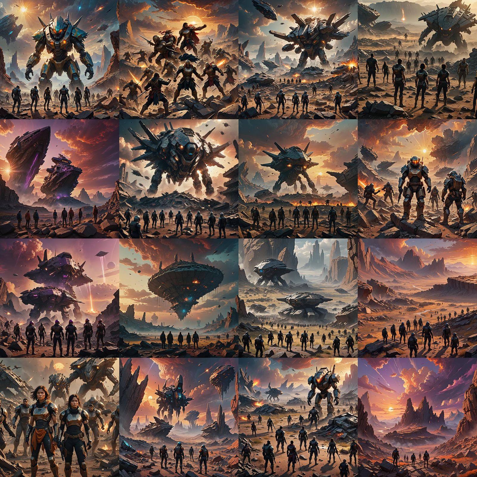 Humans Victorious on Battlefield Under Sunset