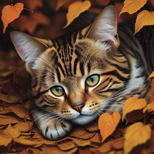 Mackerel Tabby Cat Napping in Autumn Leaves