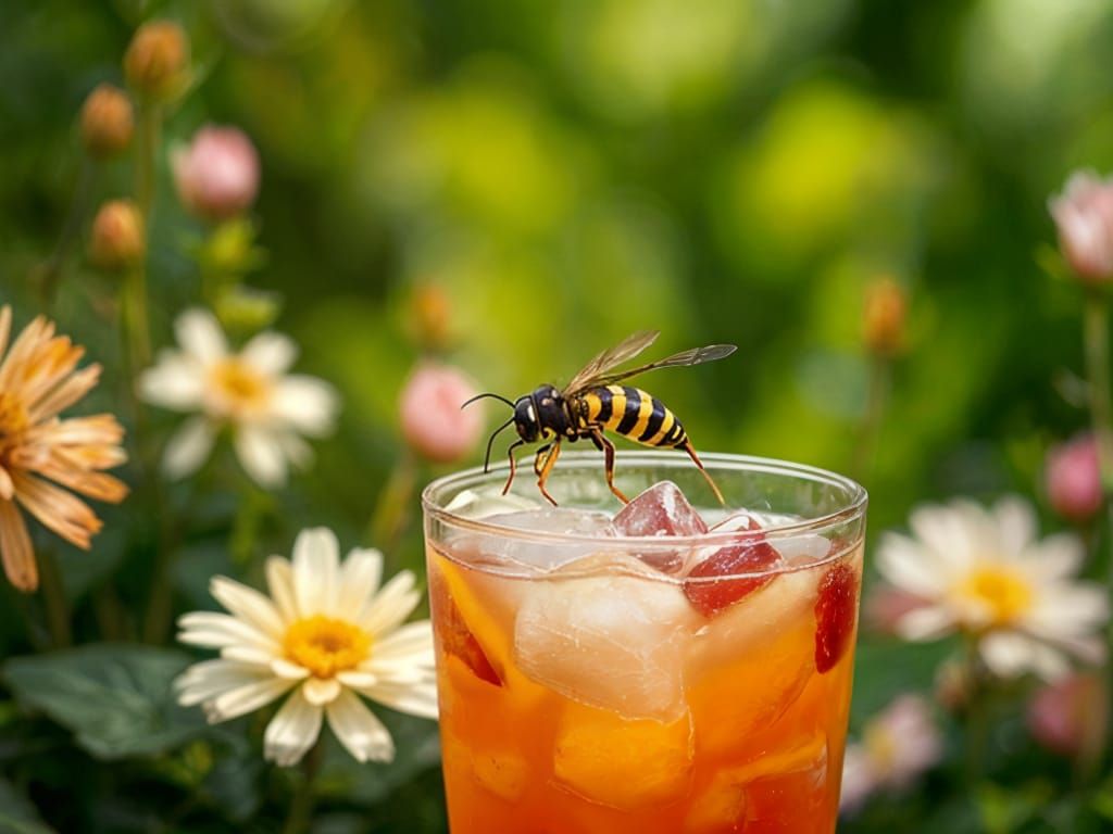 Wasp on Ice Cubes in Summer Garden