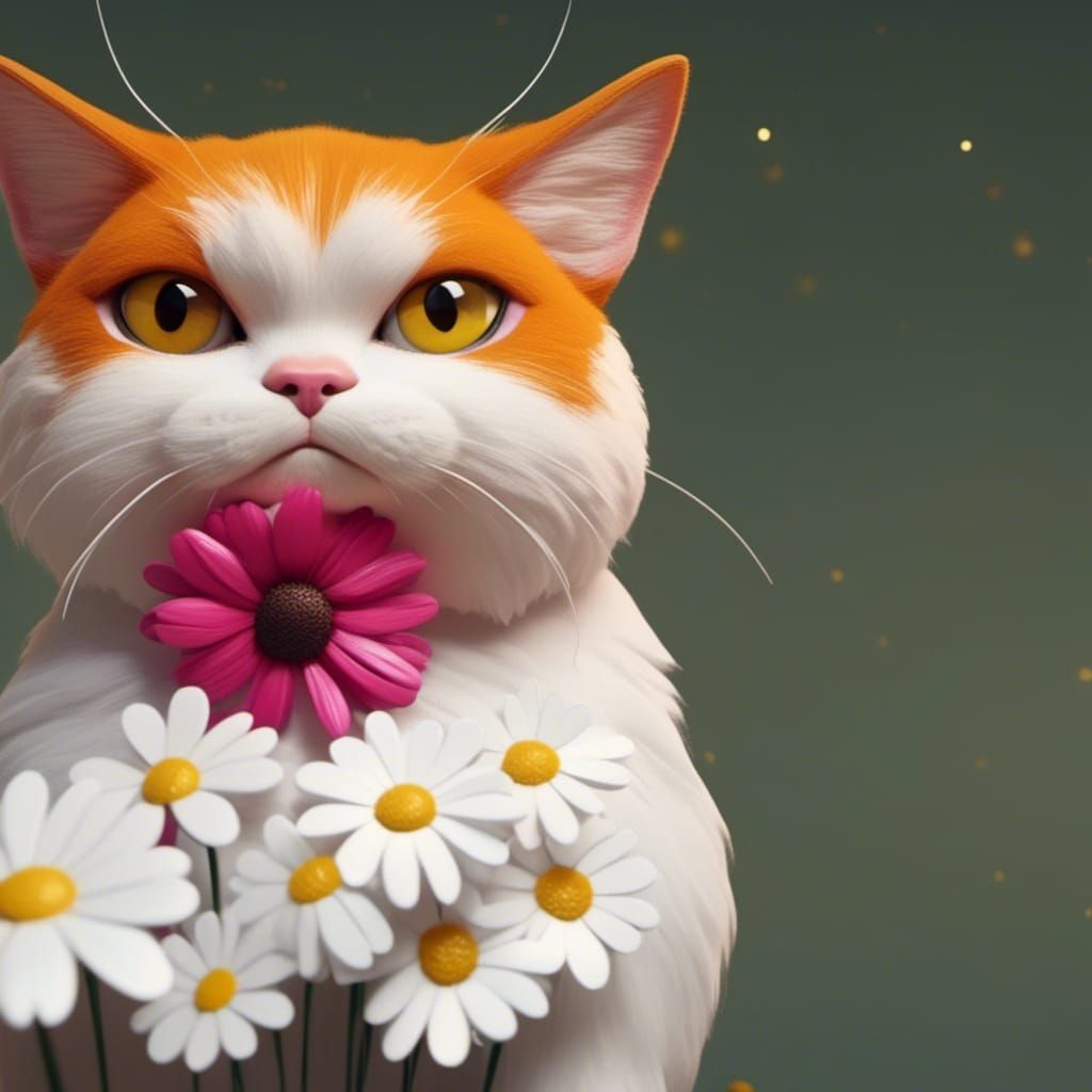 Grumpy Orange Cat with Flowers, Digital Art