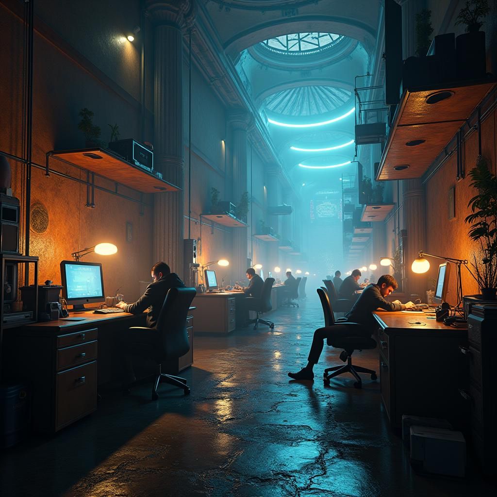 Fantastical Office Scene in Dark Futurism Style