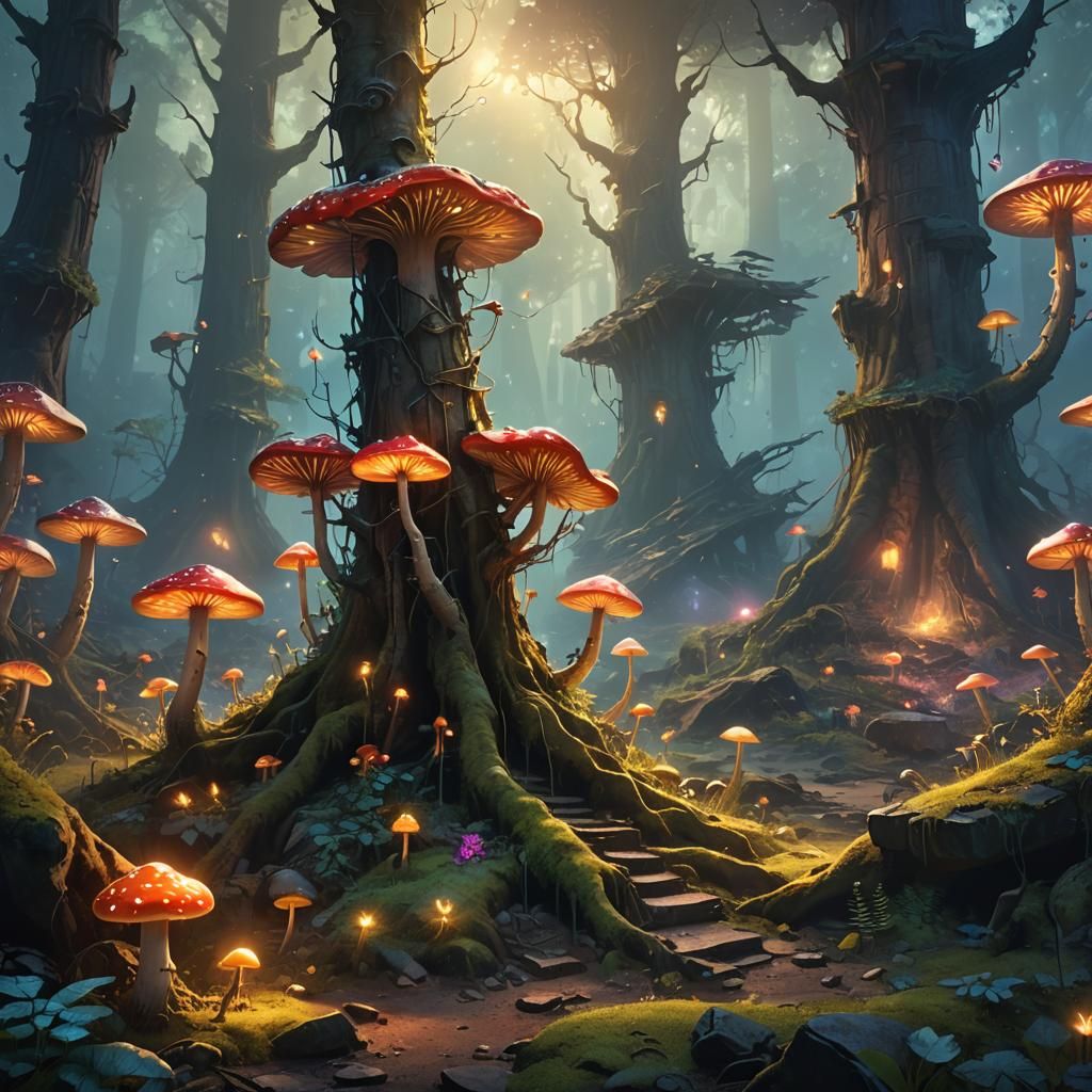 Glowing Mushroom Tower in Ancient Forest