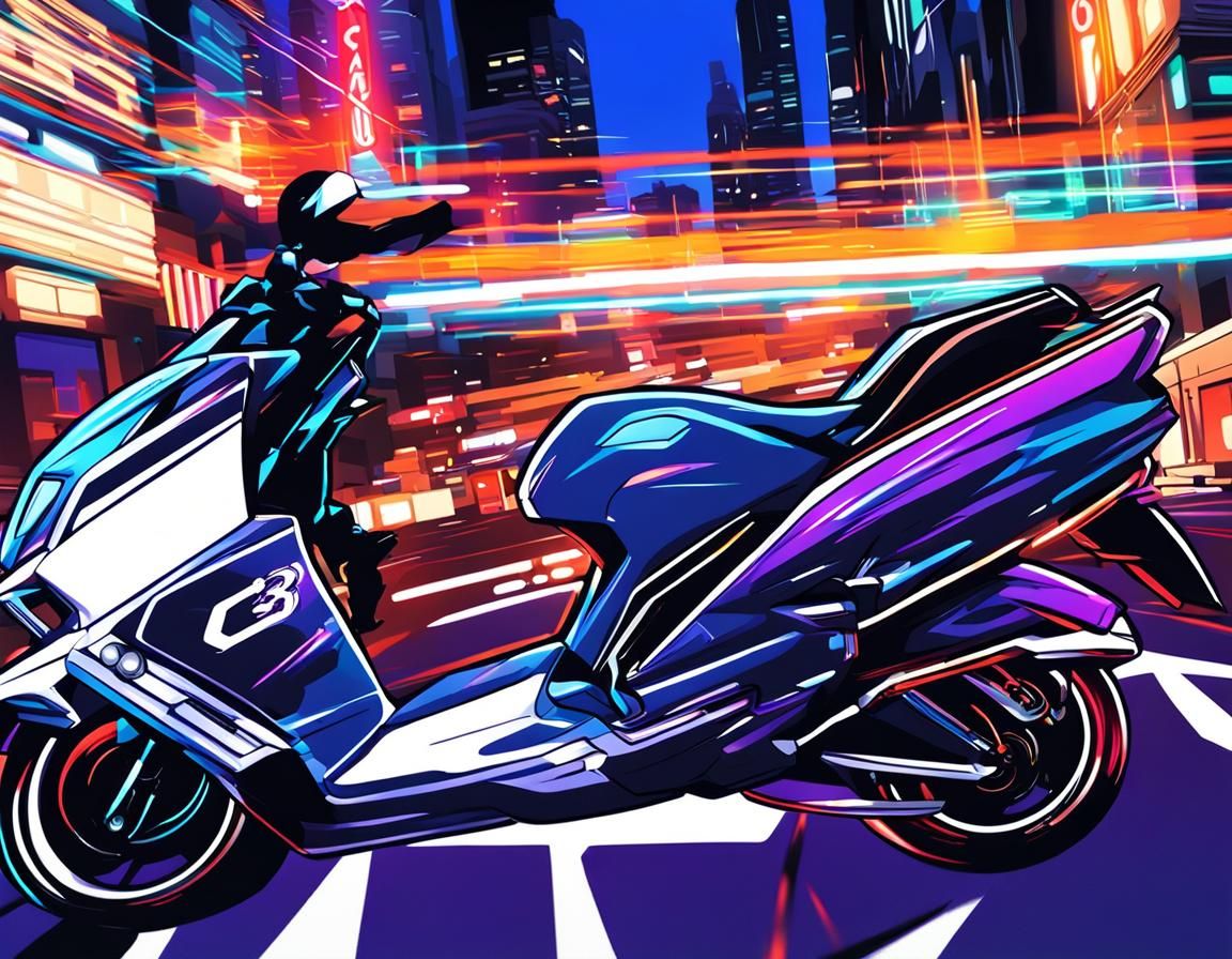 Motorcycle Speeds Through Neon City in Anime Style