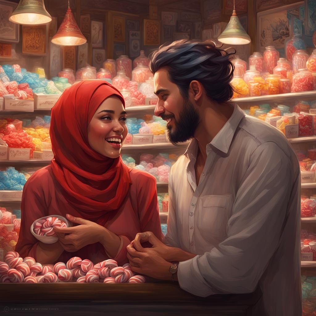 Joyful Night: Muslim Woman and Man Share Candy