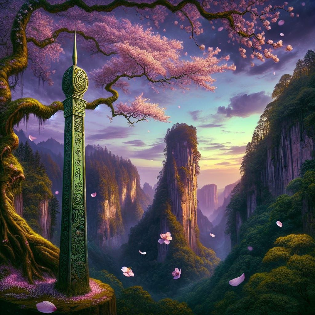 Jade Spear and Cherry Blossom at Twilight