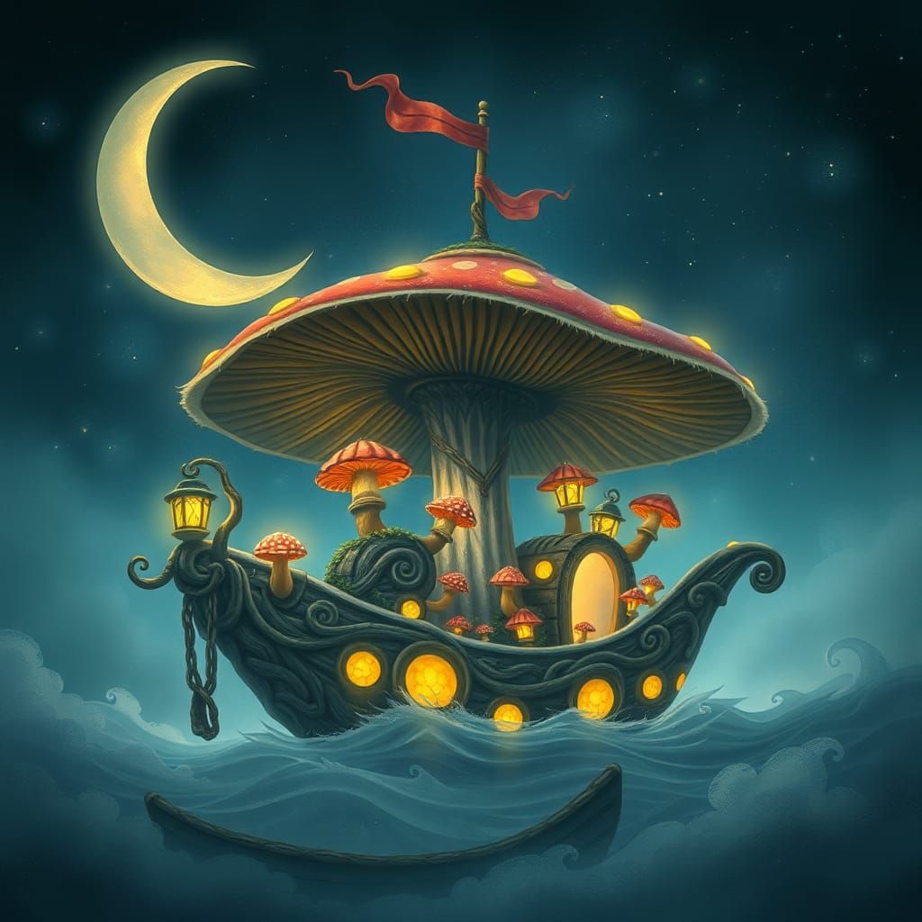Fantastical Mushroom Ship Sailing in Dreamy Night Sky