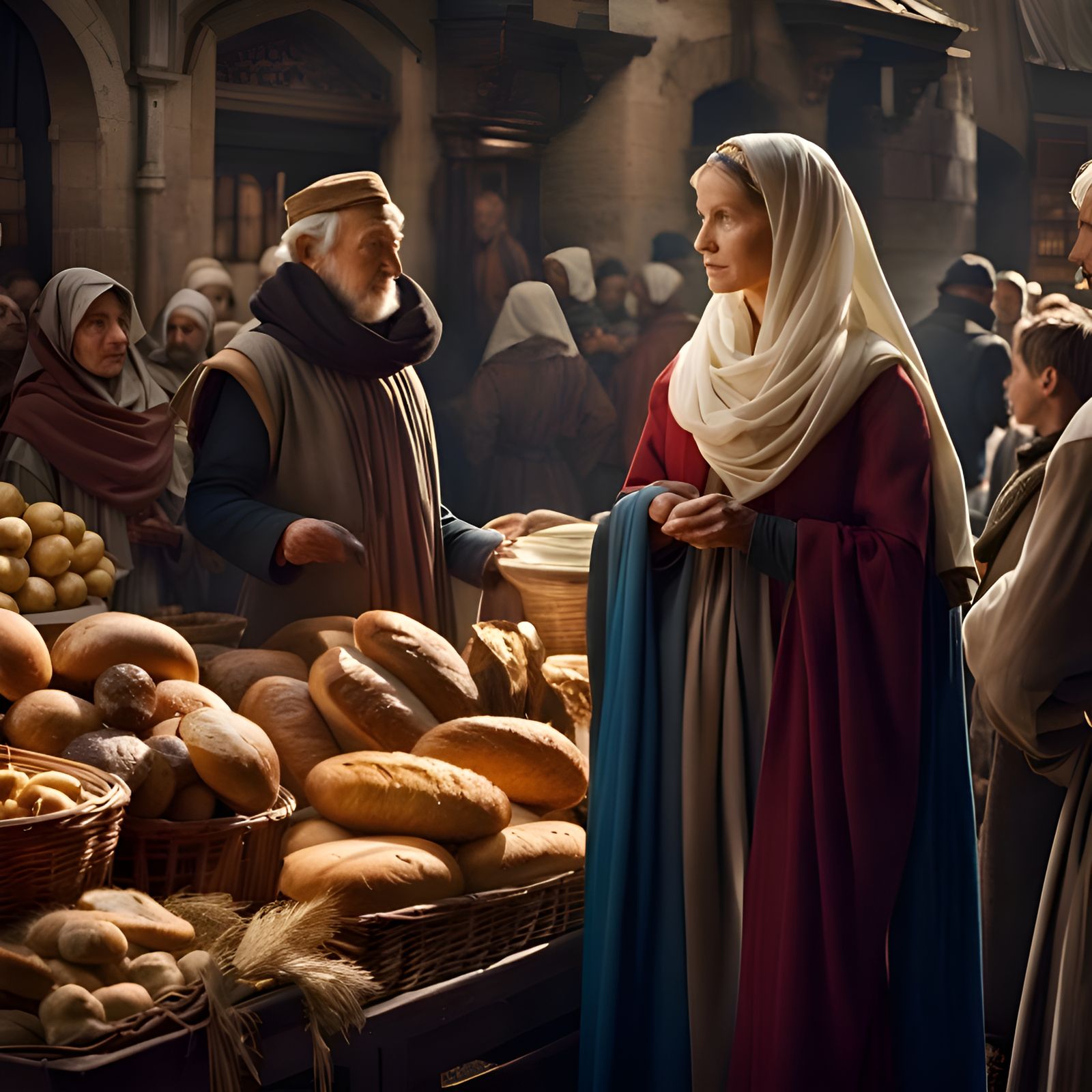 Bustling Medieval Market Scene with Woman Buying Bread
