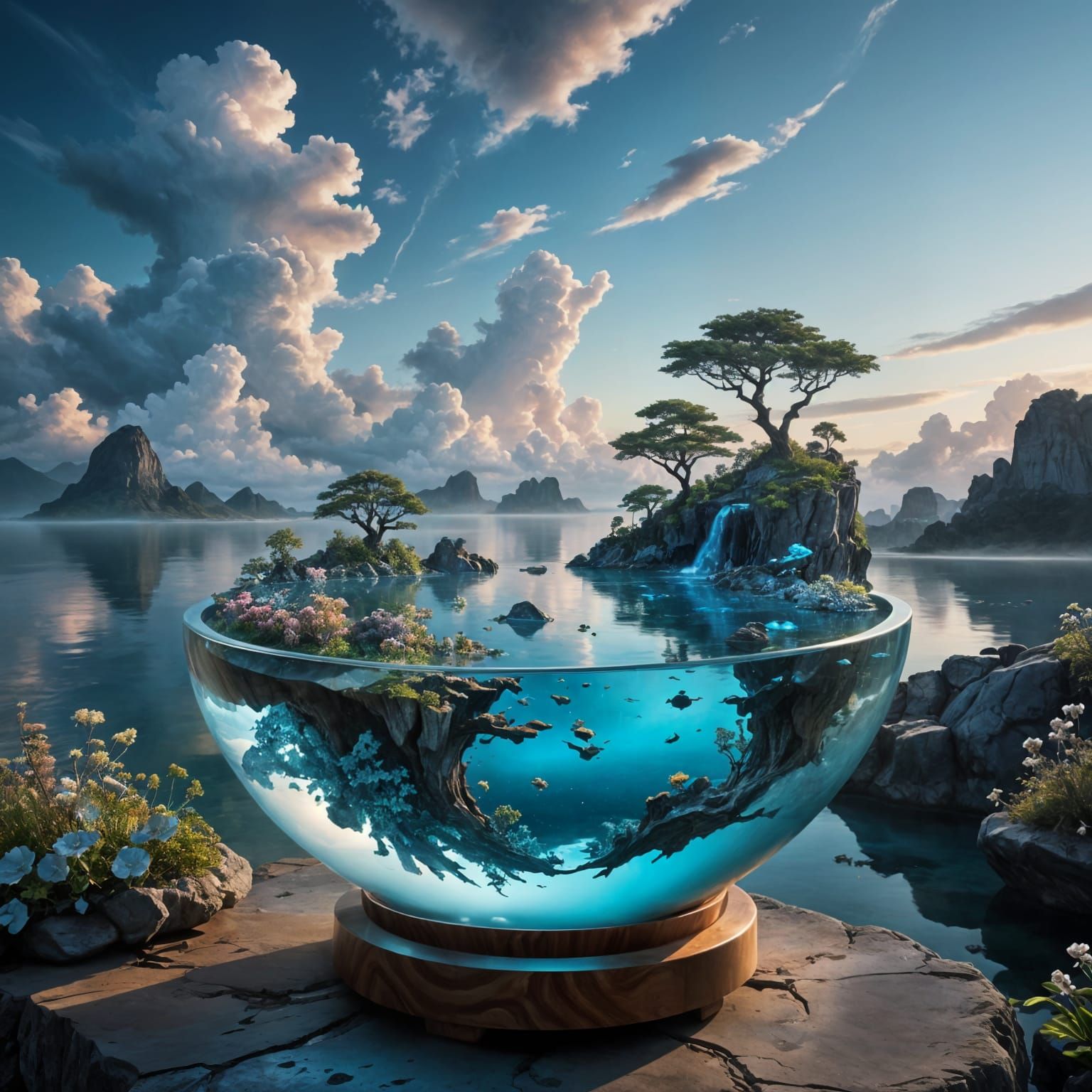 Wooden bowl with levitating island and flora