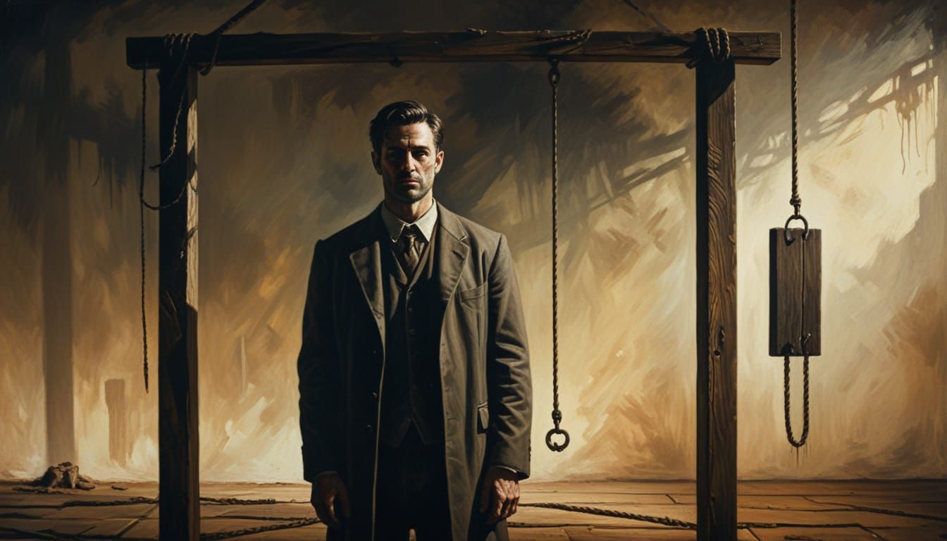 Man Near Gallows: A Surrealist Oil Painting