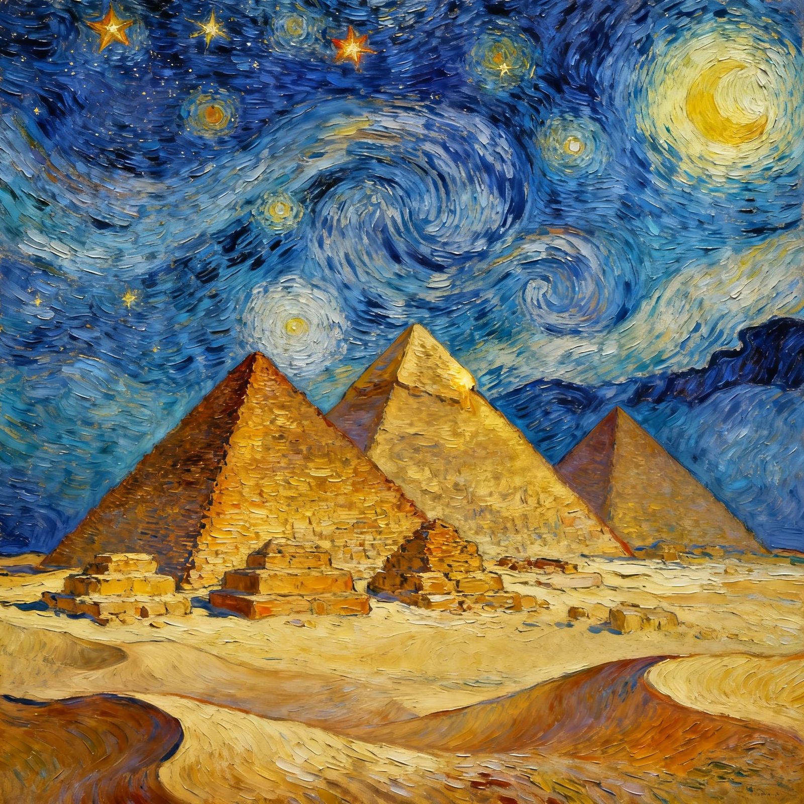 Egyptian Pyramids at Night in Van Gogh Style