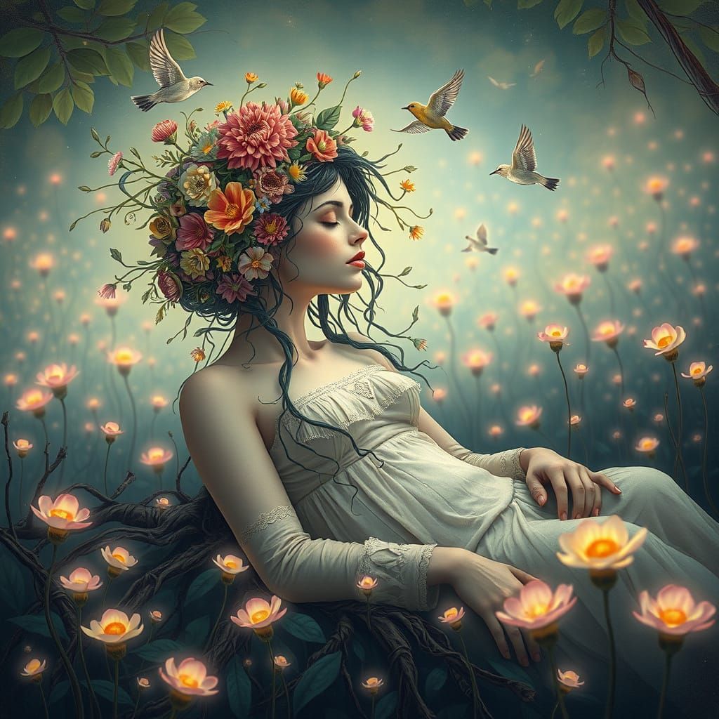 Bioluminescent Woman in Harmony with Nature: Dreamlike Art