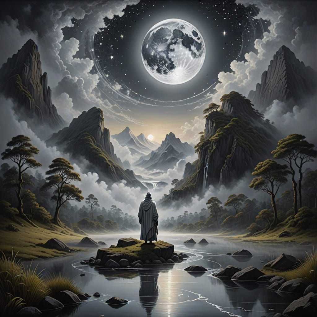 Surreal Spirit Transcends Mystical Peaks in Starlit Landscap...