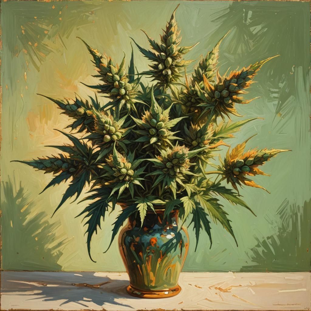 Golden Hour Cannabis Still Life, Impressionist Oil Painting