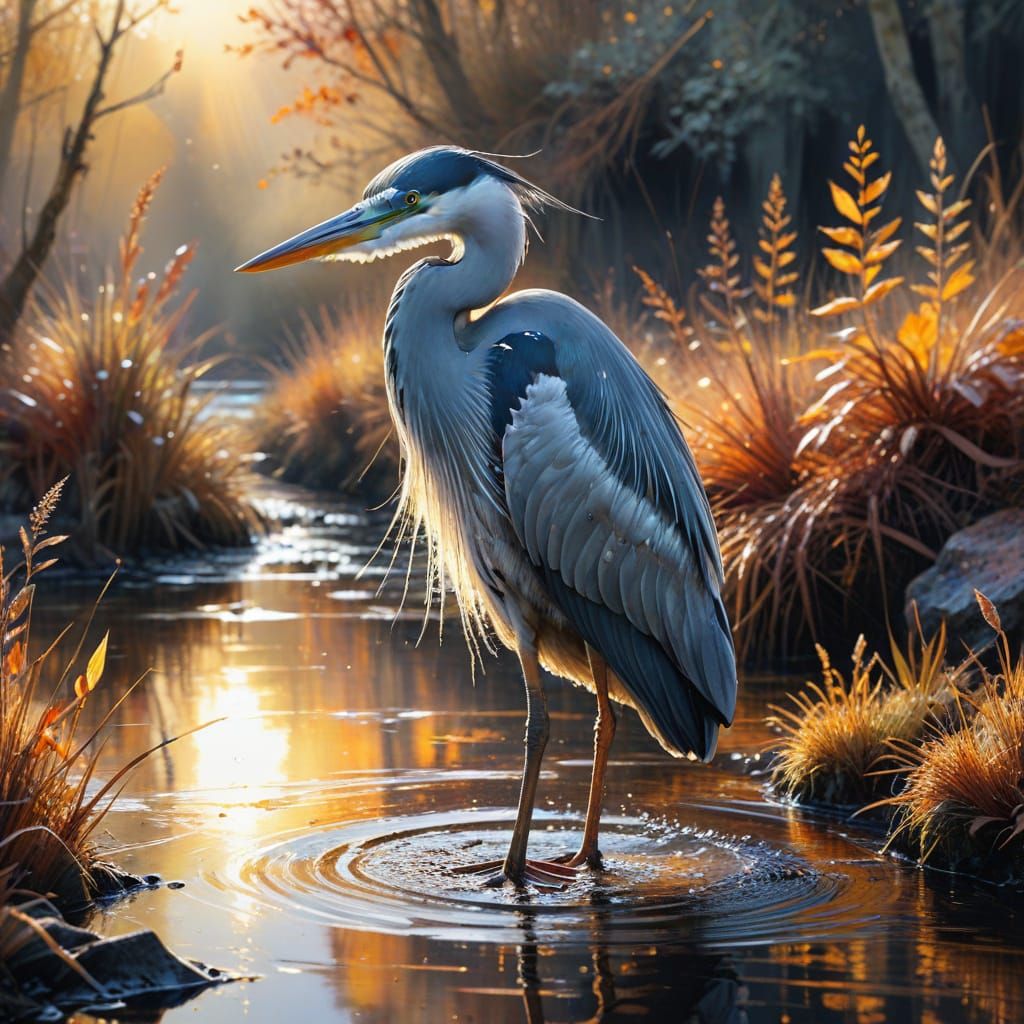 Grey Heron Amidst Autumn Reflections in Watercolour