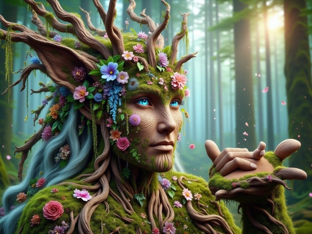 Enchanted Tree Ent with Fairy in Forest