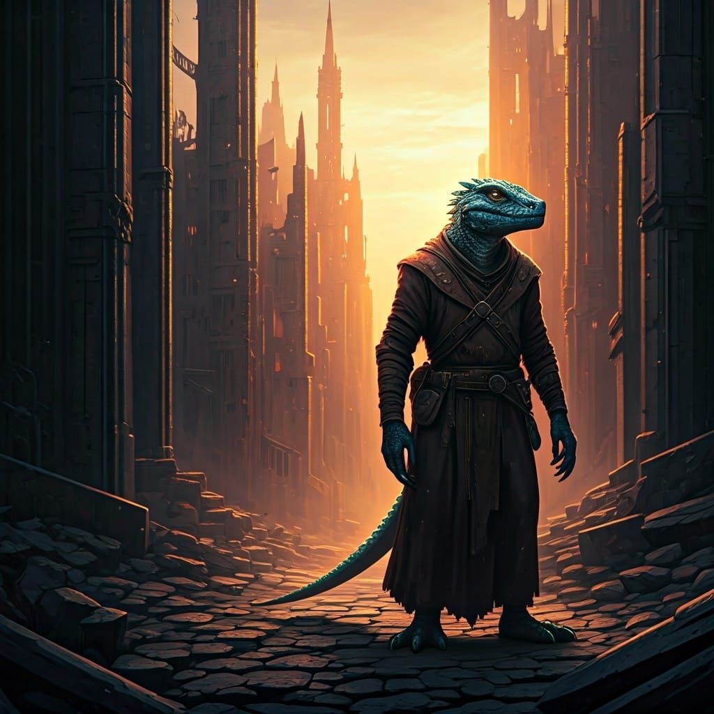 Lizard Man Explores Ruined City at Sundown
