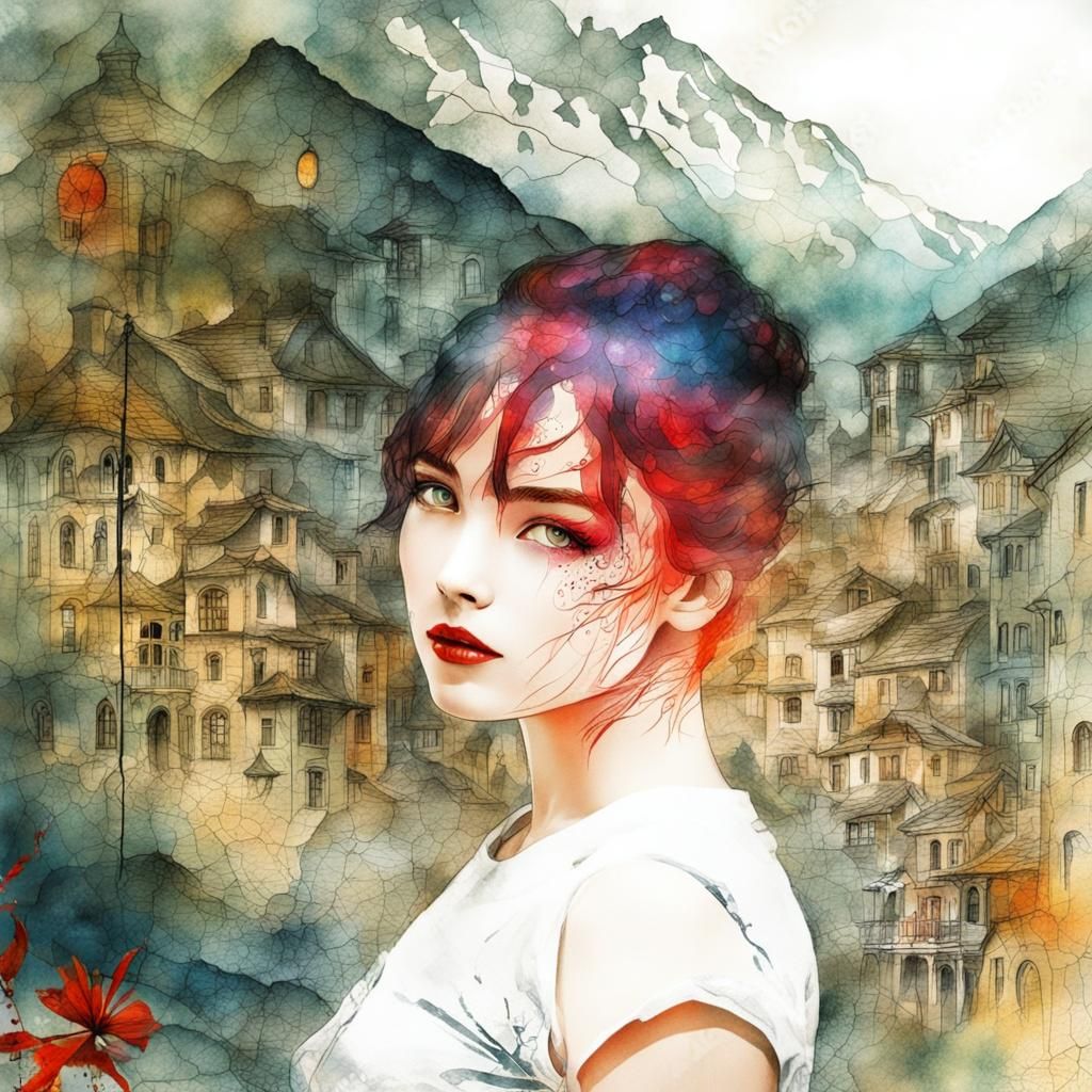 Fantasy Girl in Vintage Ink Lithograph