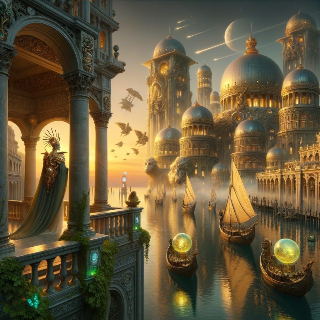 Fantasy Harbor at Dawn with Venetian Architecture
