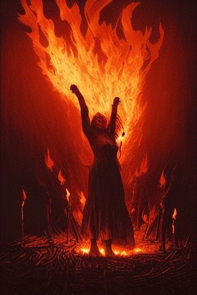 Sinister Witch Burning in Hyperrealistic Horror Style