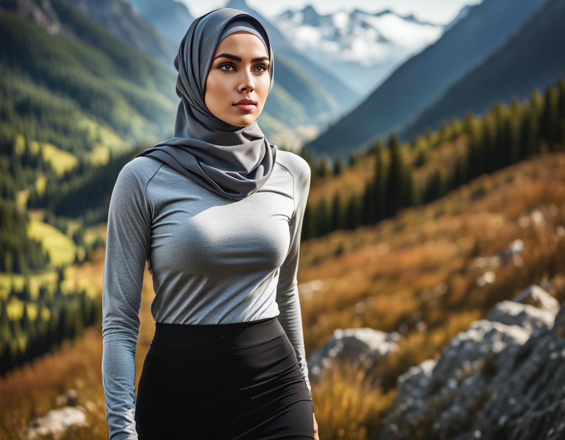 European Muslim Woman Hiking in Mountains: Digital Art