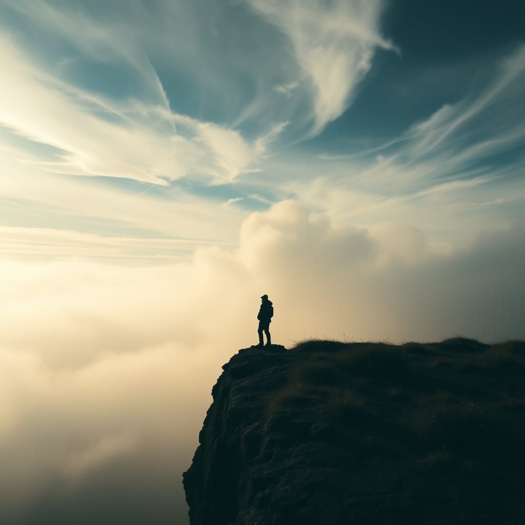 Ethereal Landscape: Solitary Figure on Windswept Cliff