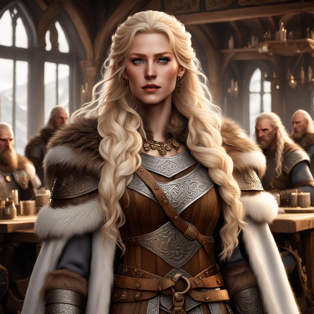 Viking Woman in Hall: Detailed Hyperrealistic Art