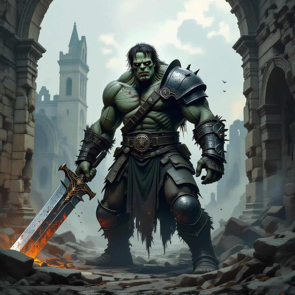 Frankenstein's Monster Victorious Warrior in Ancient Ruins