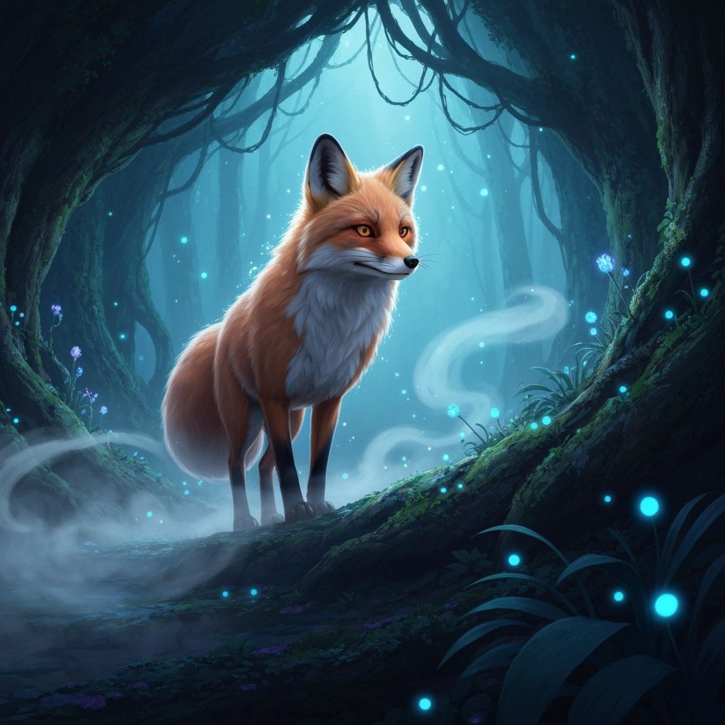 Majestic Moonlight Fox in Enchanted Ghibli Forest