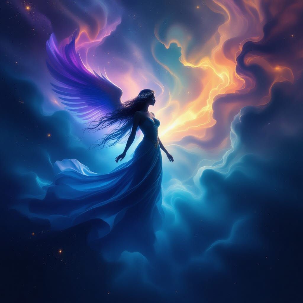 Celestial Woman Warrior Angel in Cosmic Aurora