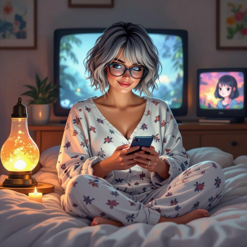 Woman in Cozy Bedroom with Lava Lamp and Anime