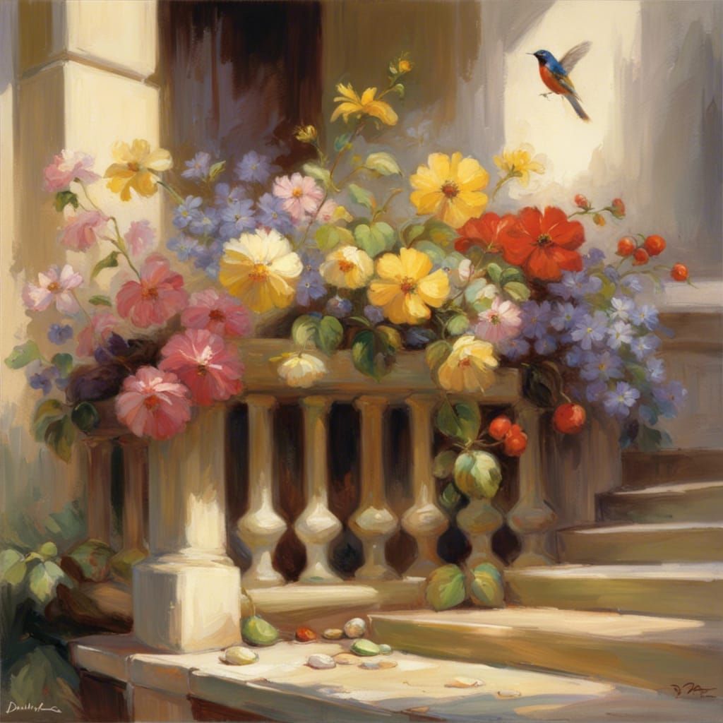 Floral Terrace with Bird, in Classical Style