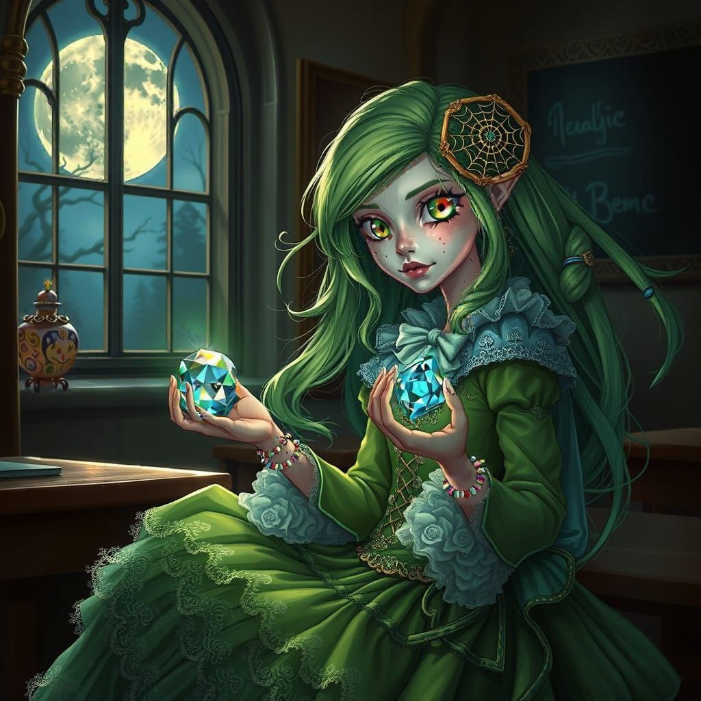 Majestic Female Student Examines Glowing Gem in Whimsical Vi...