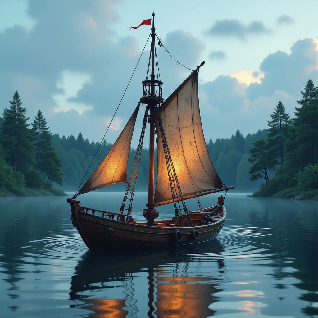 Intricate Metal Sailboat on Lake, Fantasycore Artwork