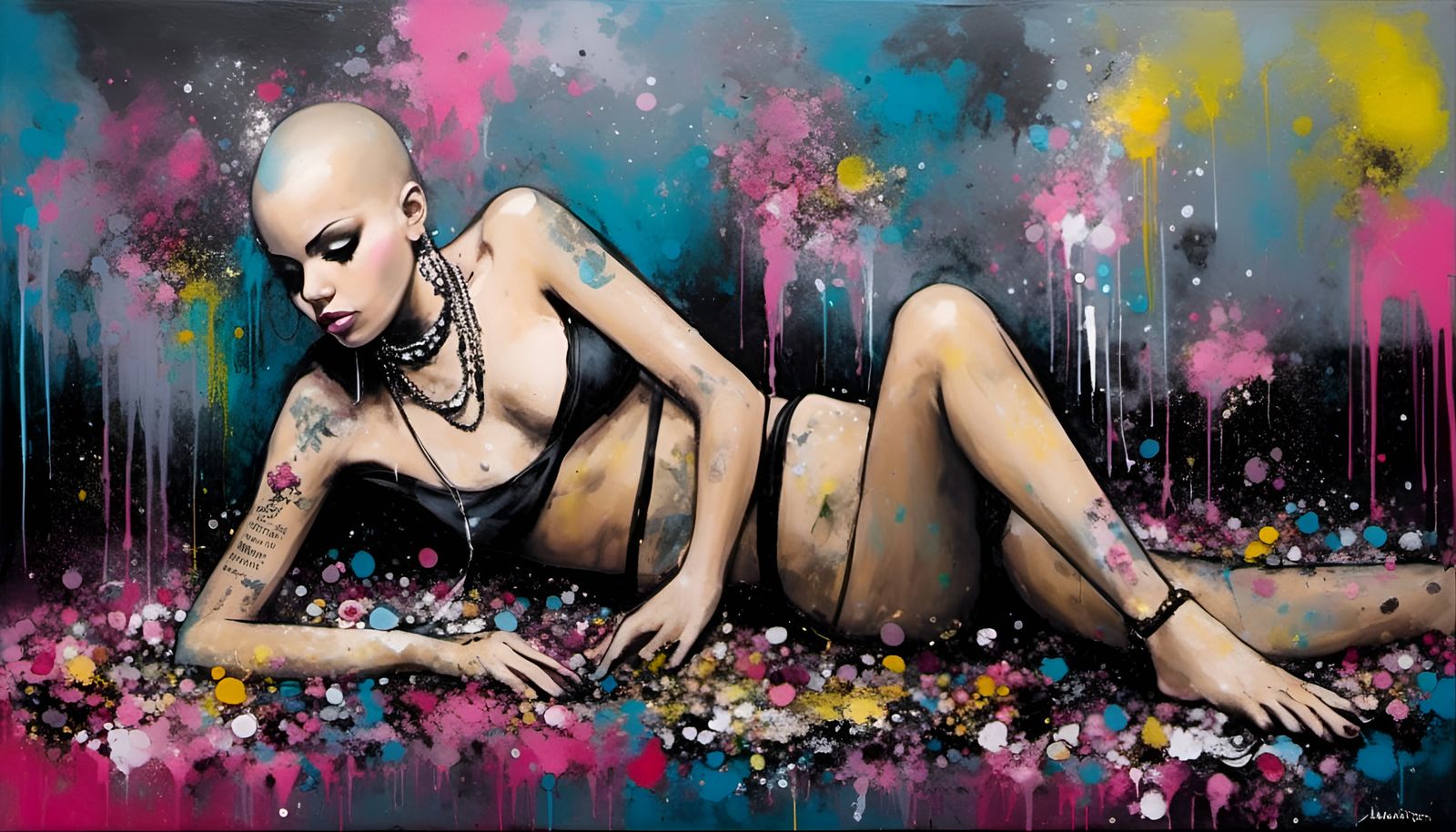 Barefoot bald-headed punk lady