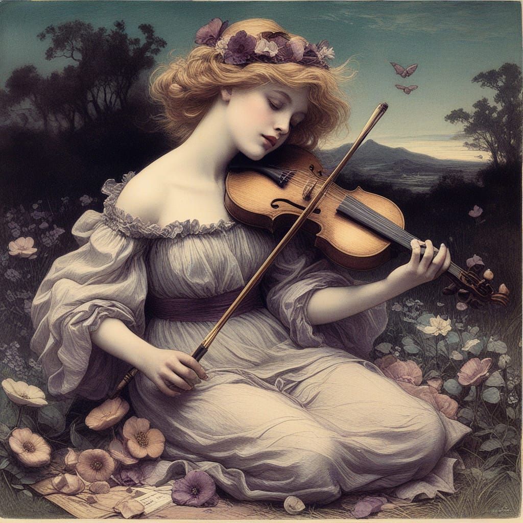 Women Embracing in a Dreamlike Landscape, à la Félicien Rops