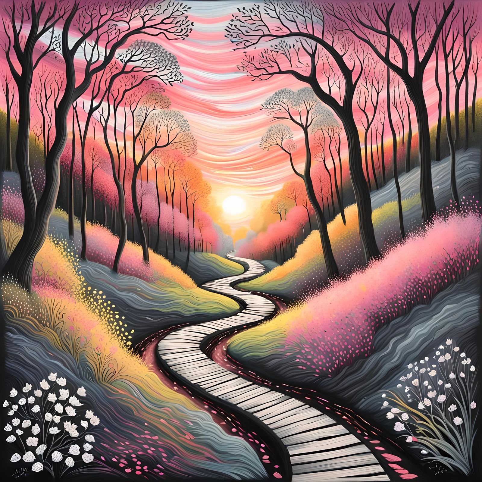 Sunset Forest Path in Whimsical Hand-Painted Style