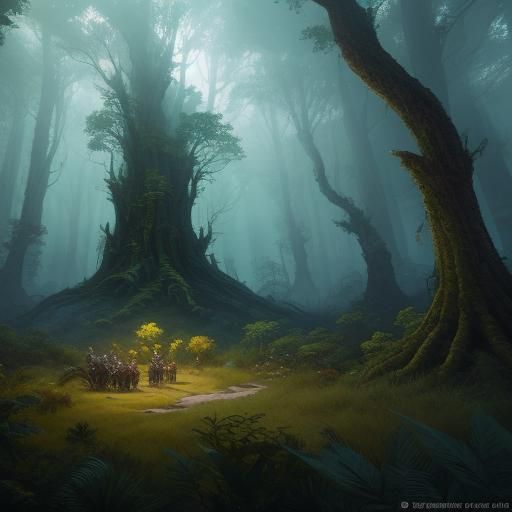 Lush Forest Scene with Three Women, Fantasy Art