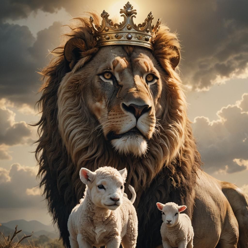 A striking 4D illustration of a majestic lion adorned with a golden crown standing next to a gentle lamb wearing a crown...