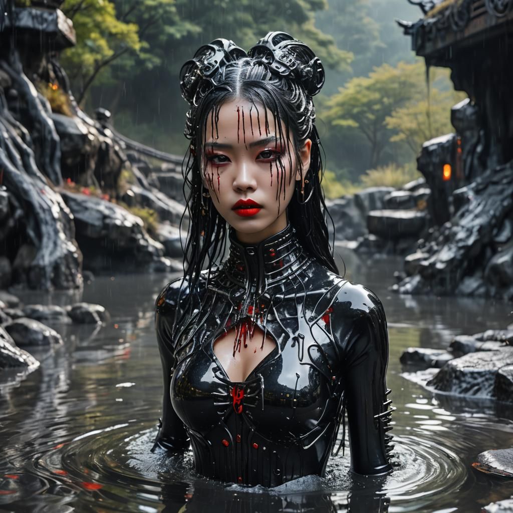 Cyberpunk Asian Woman in Molten Onsen Lake