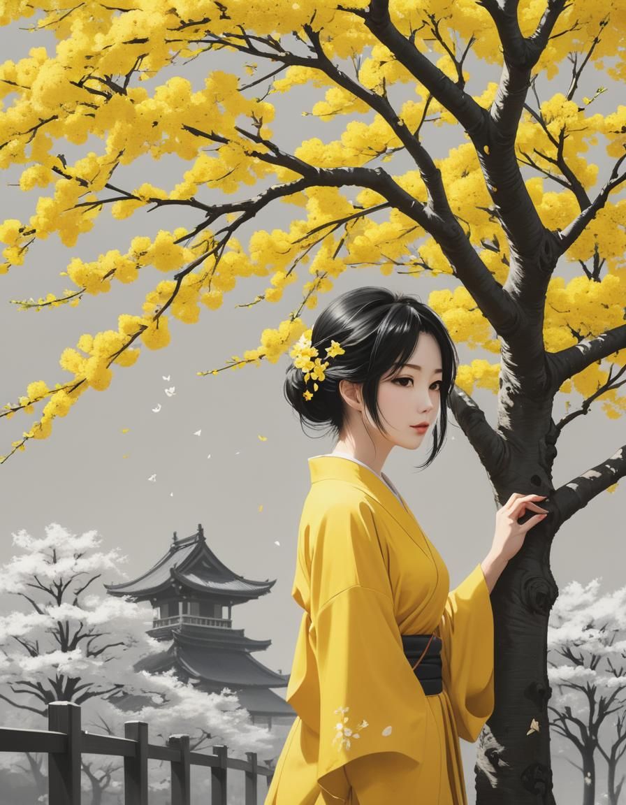 minimalist 3D Nihonga painting, monochrome yellow, with a wo...