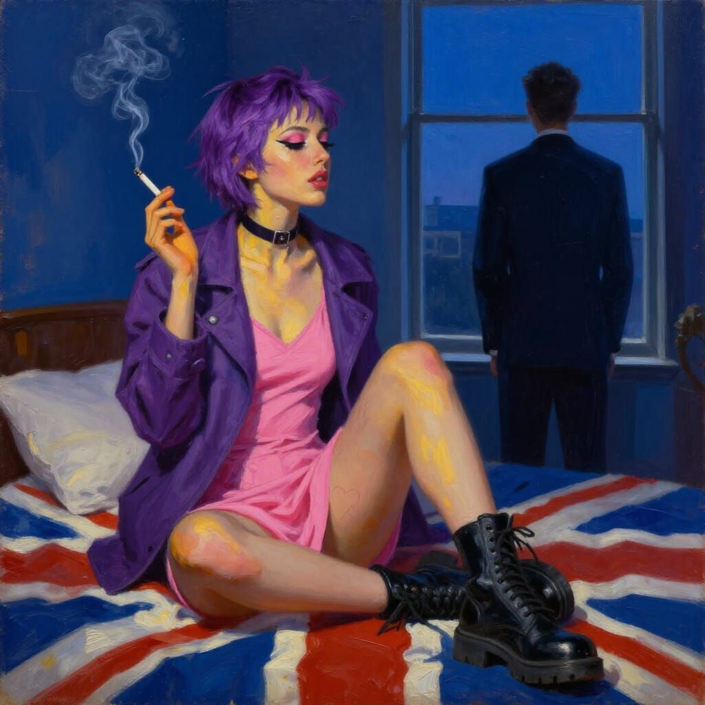 Grunge Woman with Union Jack Bedding in Golden Light